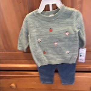 Green Sweater with Embroidered Details and Blue Pants Set